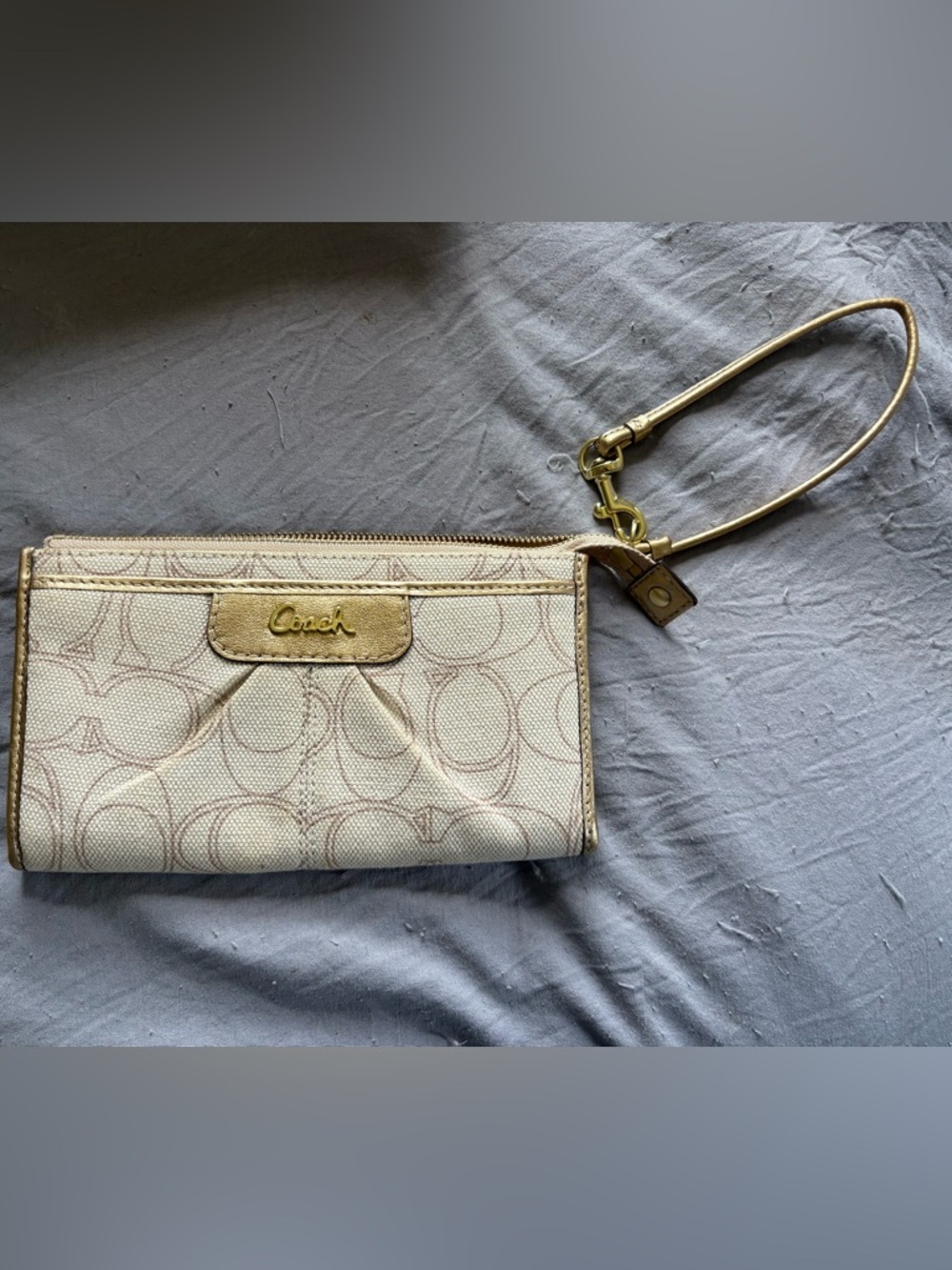Coach Canvas Wristlet in Cream with Gold Trim, used once!!